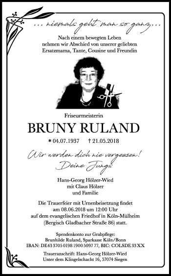 Anzeige von Bruny Ruland von Kölner Stadt-Anzeiger / Kölnische Rundschau / Express