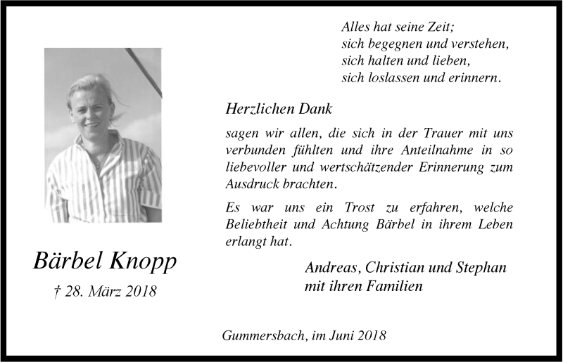  Traueranzeige für Bärbel Knopp vom 13.06.2018 aus  Anzeigen Echo 