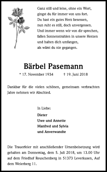Anzeige von Bärbel Pasemann von Kölner Stadt-Anzeiger / Kölnische Rundschau / Express