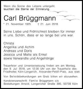 Anzeige von Carl Brüggmann von Kölner Stadt-Anzeiger / Kölnische Rundschau / Express