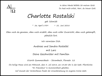 Anzeige von Charlotte Rostalski von Kölner Stadt-Anzeiger / Kölnische Rundschau / Express