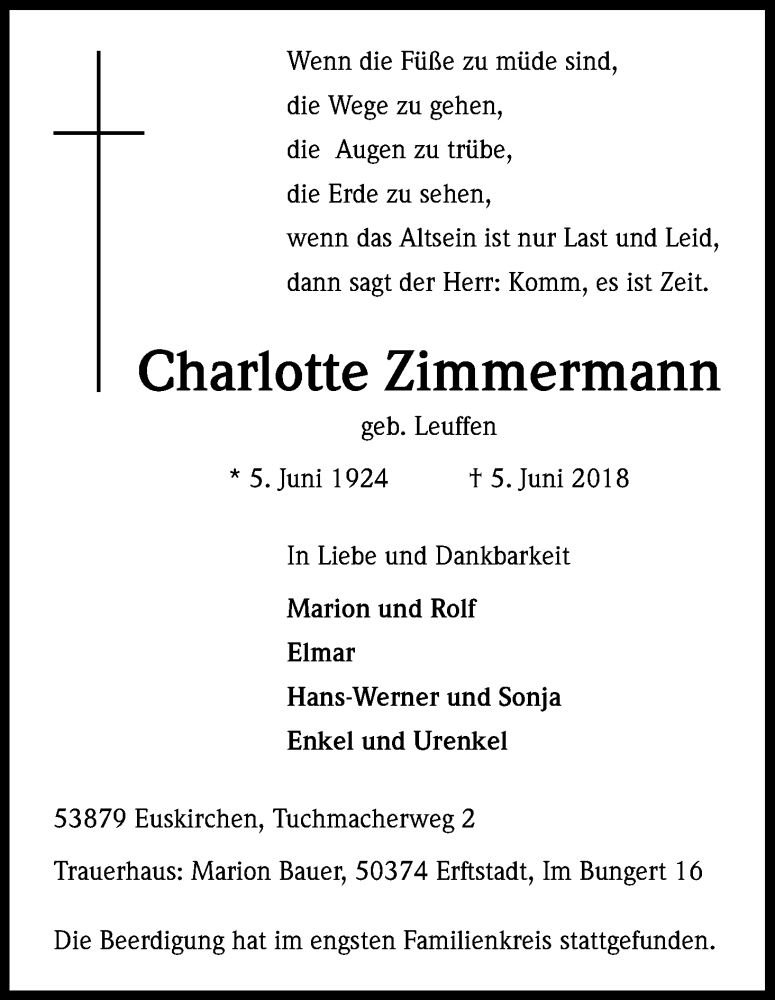  Traueranzeige für Charlotte Zimmermann vom 16.06.2018 aus Kölner Stadt-Anzeiger / Kölnische Rundschau / Express