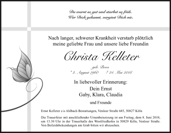 Anzeige von Christa Kelleter von Kölner Stadt-Anzeiger / Kölnische Rundschau / Express