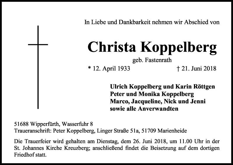  Traueranzeige für Christa Koppelberg vom 23.06.2018 aus Kölner Stadt-Anzeiger / Kölnische Rundschau / Express
