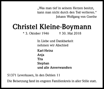 Anzeige von Christel Kleine-Boymann von Kölner Stadt-Anzeiger / Kölnische Rundschau / Express