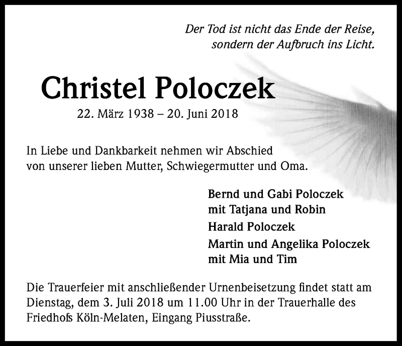  Traueranzeige für Christel Poloczek vom 30.06.2018 aus Kölner Stadt-Anzeiger / Kölnische Rundschau / Express