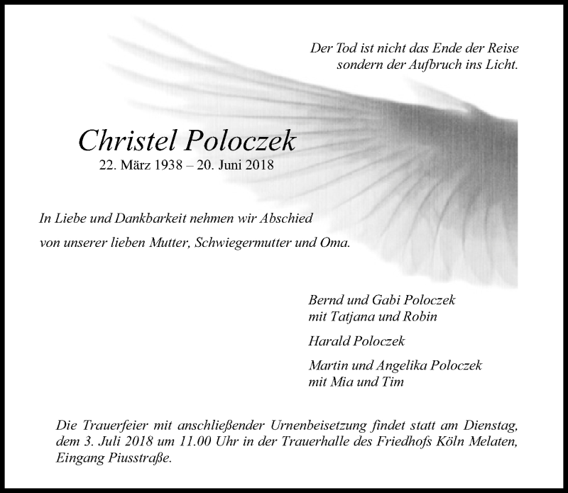  Traueranzeige für Christel Poloczek vom 30.06.2018 aus  Sonntags-Post 