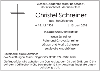 Anzeige von Christel Schreiner von  Schlossbote/Werbekurier 