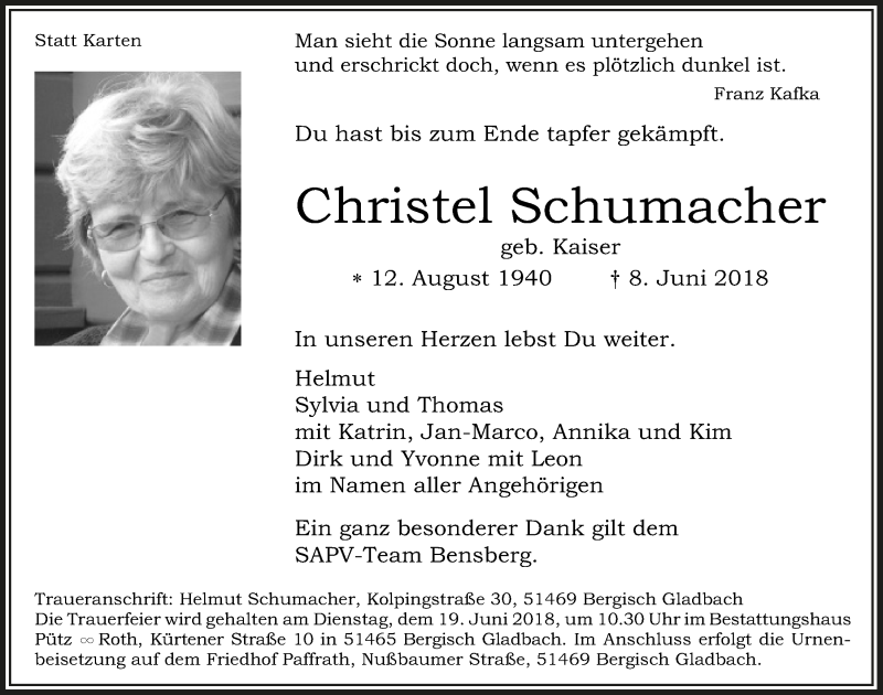  Traueranzeige für Christel Schumacher vom 16.06.2018 aus  Bergisches Sonntagsblatt 