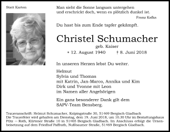 Anzeige von Christel Schumacher von Kölner Stadt-Anzeiger / Kölnische Rundschau / Express