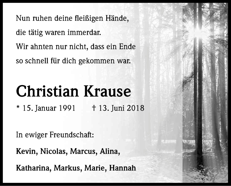  Traueranzeige für Christian Krause vom 20.06.2018 aus Kölner Stadt-Anzeiger / Kölnische Rundschau / Express