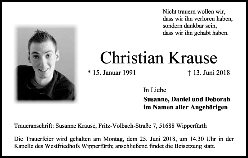  Traueranzeige für Christian Krause vom 20.06.2018 aus Kölner Stadt-Anzeiger / Kölnische Rundschau / Express