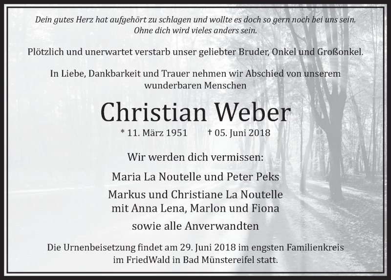  Traueranzeige für Christian Weber vom 23.06.2018 aus  Sonntags-Post 