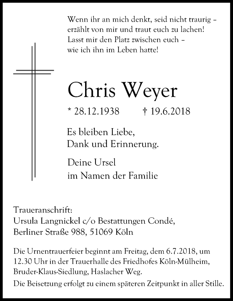  Traueranzeige für Christian Weyer vom 30.06.2018 aus Kölner Stadt-Anzeiger / Kölnische Rundschau / Express