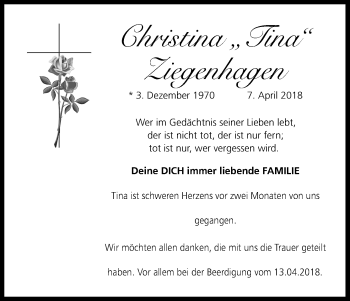 Anzeige von Christina  Ziegenhagen von Kölner Stadt-Anzeiger / Kölnische Rundschau / Express