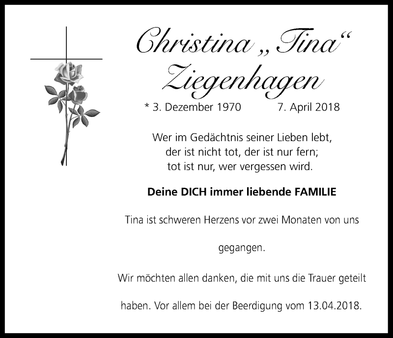  Traueranzeige für Christina  Ziegenhagen vom 14.06.2018 aus Kölner Stadt-Anzeiger / Kölnische Rundschau / Express