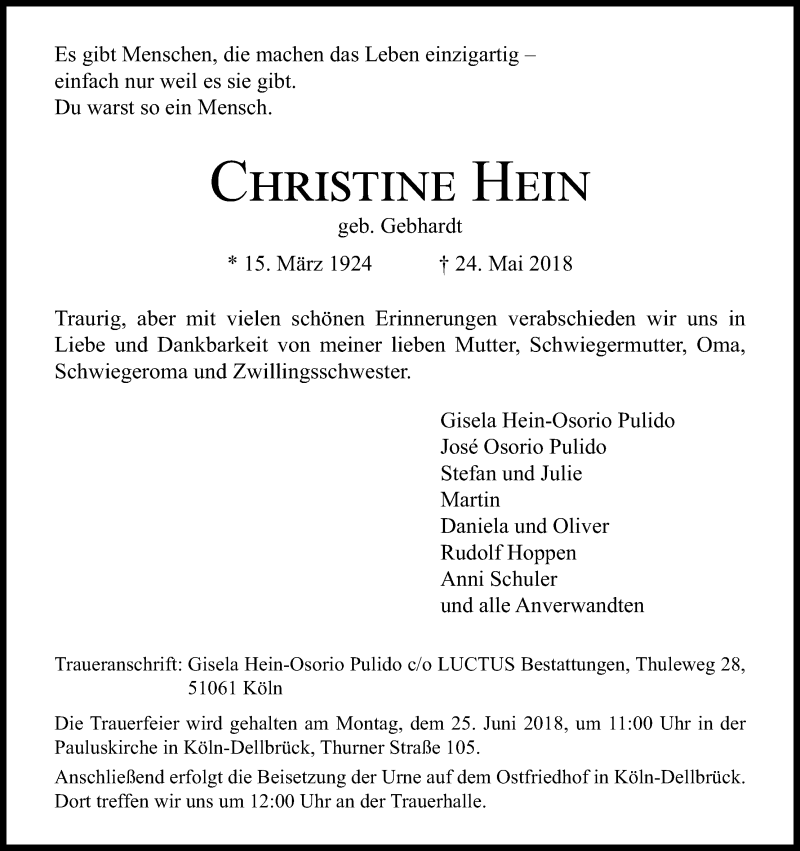  Traueranzeige für Christine Hein vom 16.06.2018 aus Kölner Stadt-Anzeiger / Kölnische Rundschau / Express