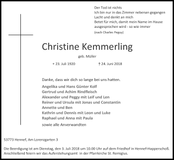 Anzeige von Christine Kemmerling von Kölner Stadt-Anzeiger / Kölnische Rundschau / Express
