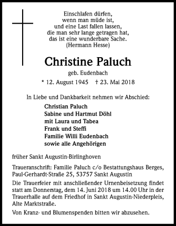 Anzeige von Christine Paluch von Kölner Stadt-Anzeiger / Kölnische Rundschau / Express