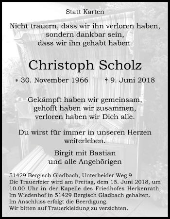Anzeige von Christoph Scholz von Kölner Stadt-Anzeiger / Kölnische Rundschau / Express