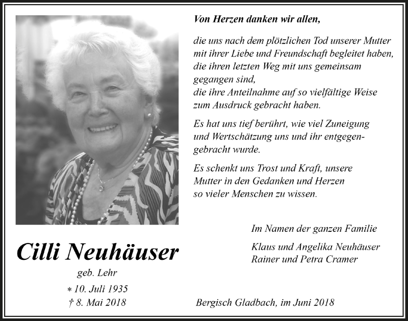  Traueranzeige für Cilli Neuhäuser vom 20.06.2018 aus  Bergisches Handelsblatt 