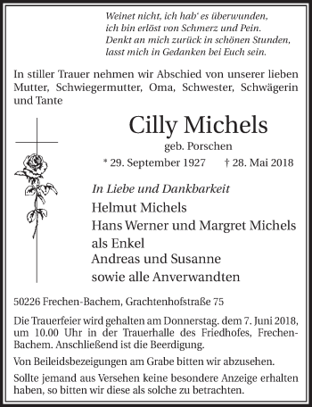Anzeige von Cilly Michels von  Sonntags-Post 