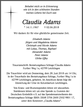 Anzeige von Claudia Adams von Kölner Stadt-Anzeiger / Kölnische Rundschau / Express