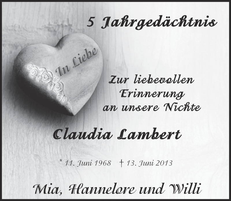  Traueranzeige für Claudia Lambert vom 13.06.2018 aus  Kölner Wochenspiegel 
