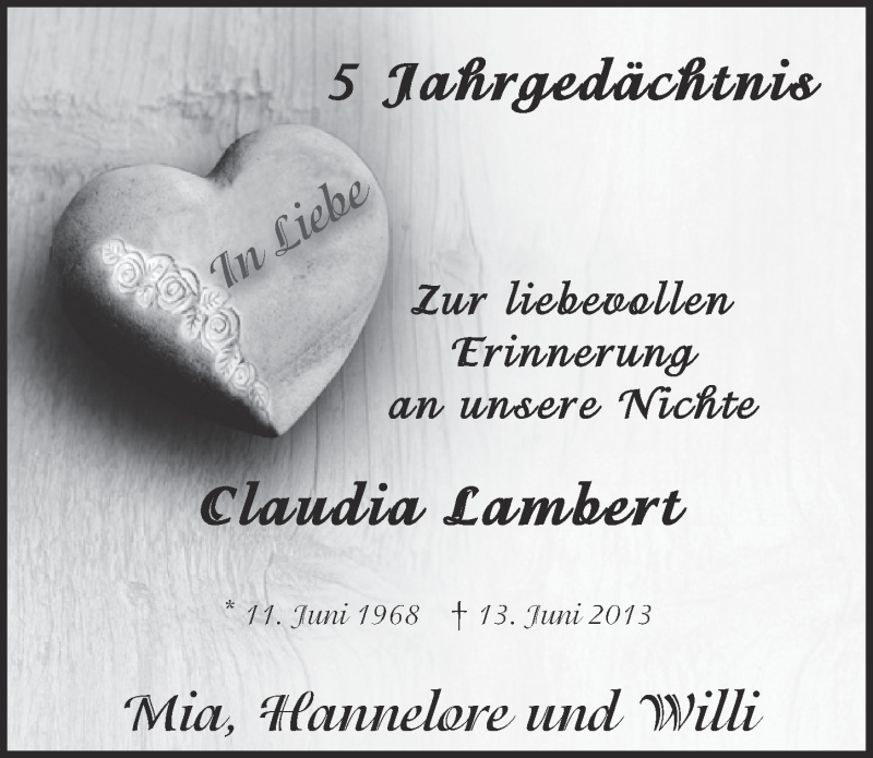  Traueranzeige für Claudia Lambert vom 18.07.2023 aus  Kölner Wochenspiegel 