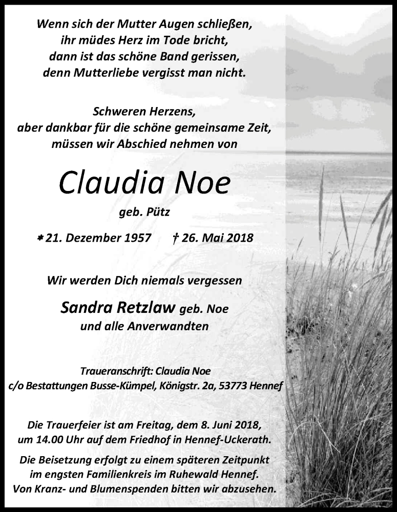  Traueranzeige für Claudia Noe vom 02.06.2018 aus Kölner Stadt-Anzeiger / Kölnische Rundschau / Express