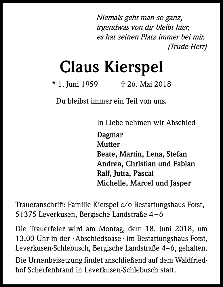  Traueranzeige für Claus Kierspel vom 02.06.2018 aus Kölner Stadt-Anzeiger / Kölnische Rundschau / Express