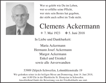 Anzeige von Clemens Ackermann von  Blickpunkt Euskirchen 