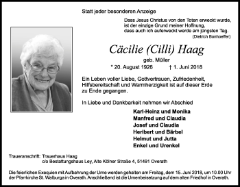 Anzeige von Cäcilie Haag von Kölner Stadt-Anzeiger / Kölnische Rundschau / Express
