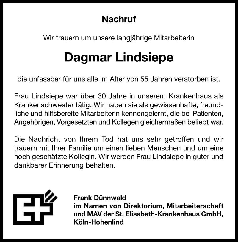  Traueranzeige für Dagmar Lindsiepe vom 30.06.2018 aus Kölner Stadt-Anzeiger / Kölnische Rundschau / Express