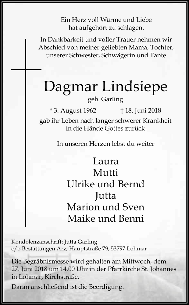  Traueranzeige für Dagmar Lindsiepe vom 23.06.2018 aus Kölner Stadt-Anzeiger / Kölnische Rundschau / Express