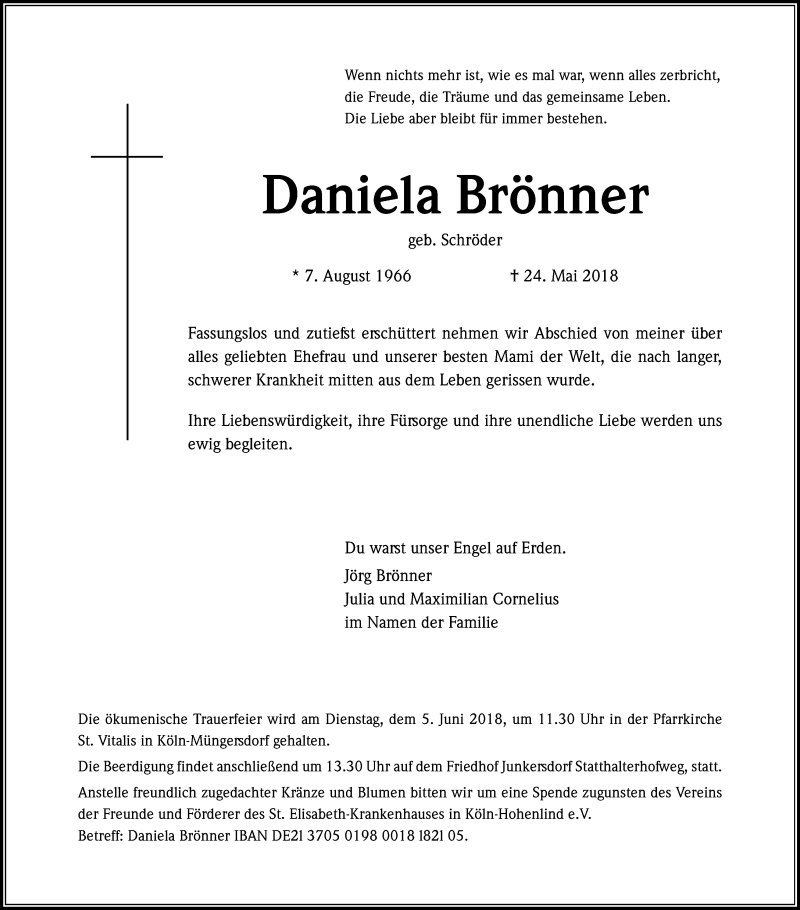  Traueranzeige für Daniela Brönner vom 02.06.2018 aus Kölner Stadt-Anzeiger / Kölnische Rundschau / Express