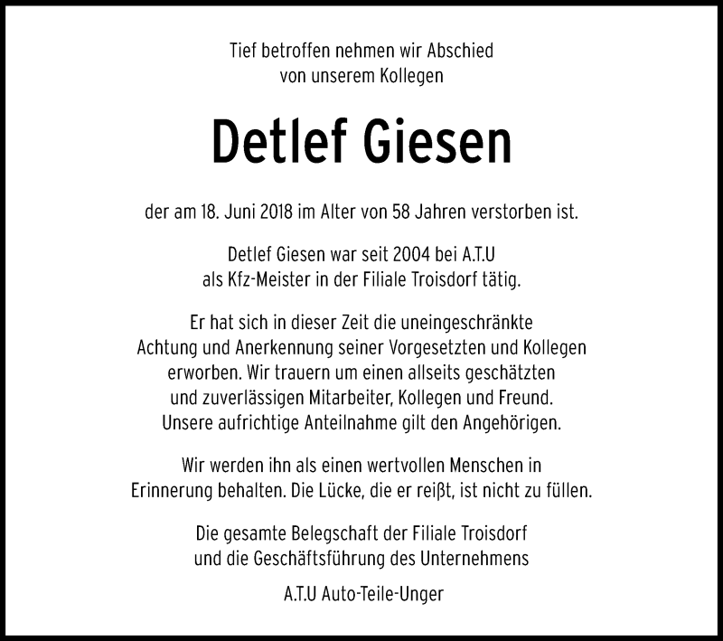  Traueranzeige für Detlef Giesen vom 23.06.2018 aus Kölner Stadt-Anzeiger / Kölnische Rundschau / Express