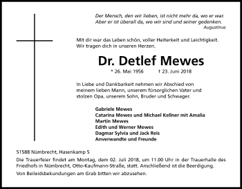 Anzeige von Detlef Mewes von Kölner Stadt-Anzeiger / Kölnische Rundschau / Express