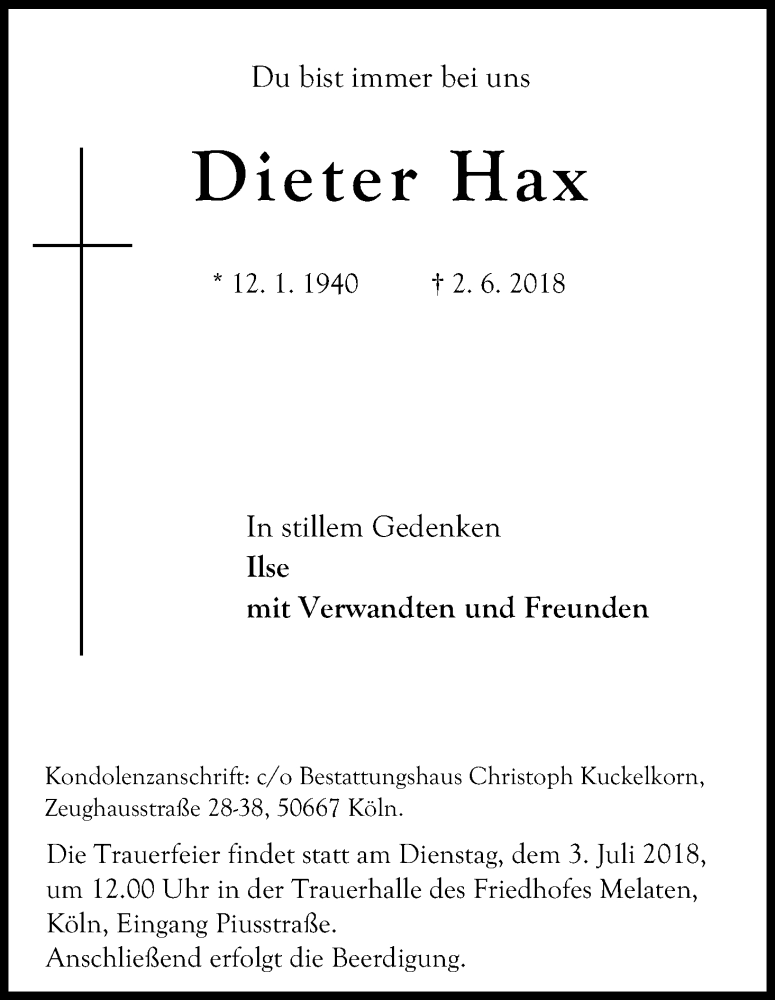  Traueranzeige für Dieter Hax vom 30.06.2018 aus Kölner Stadt-Anzeiger / Kölnische Rundschau / Express