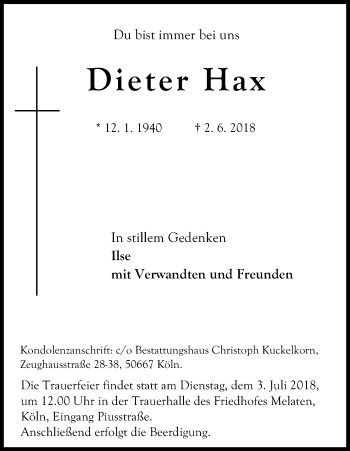 Anzeige von Dieter Hax von Kölner Stadt-Anzeiger / Kölnische Rundschau / Express