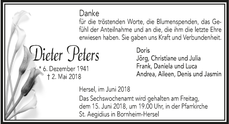  Traueranzeige für Dieter Peters vom 13.06.2018 aus  Schaufenster/Blickpunkt 