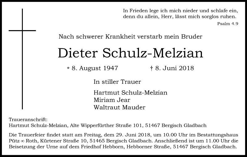  Traueranzeige für Dieter Schulz-Melzian vom 20.06.2018 aus Kölner Stadt-Anzeiger / Kölnische Rundschau / Express