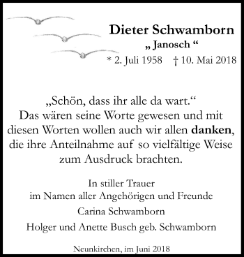 Anzeige von Dieter Schwamborn von Kölner Stadt-Anzeiger / Kölnische Rundschau / Express