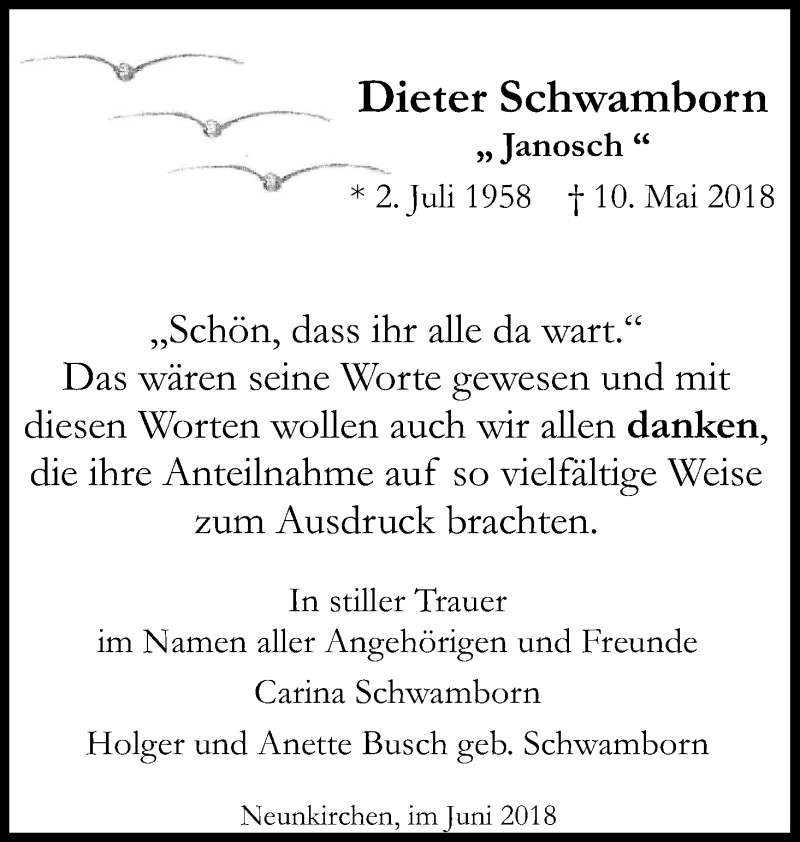  Traueranzeige für Dieter Schwamborn vom 16.06.2018 aus Kölner Stadt-Anzeiger / Kölnische Rundschau / Express