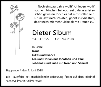 Anzeige von Dieter Sibum von Kölner Stadt-Anzeiger / Kölnische Rundschau / Express