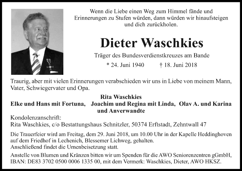  Traueranzeige für Dieter Waschkies vom 23.06.2018 aus Kölner Stadt-Anzeiger / Kölnische Rundschau / Express