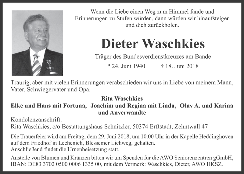  Traueranzeige für Dieter Waschkies vom 27.06.2018 aus  Werbepost 
