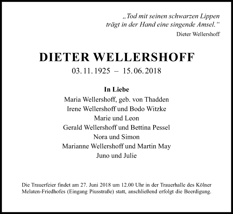  Traueranzeige für Dieter Wellershoff vom 21.06.2018 aus Kölner Stadt-Anzeiger / Kölnische Rundschau / Express