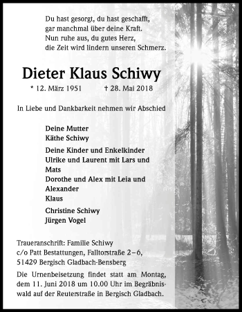 Anzeige von Dieter Klaus Schiwy von Kölner Stadt-Anzeiger / Kölnische Rundschau / Express