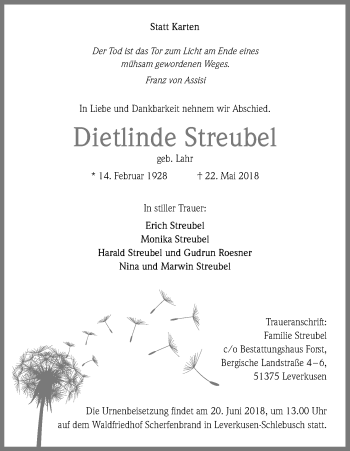 Anzeige von Dietlinde Streubel von Kölner Stadt-Anzeiger / Kölnische Rundschau / Express